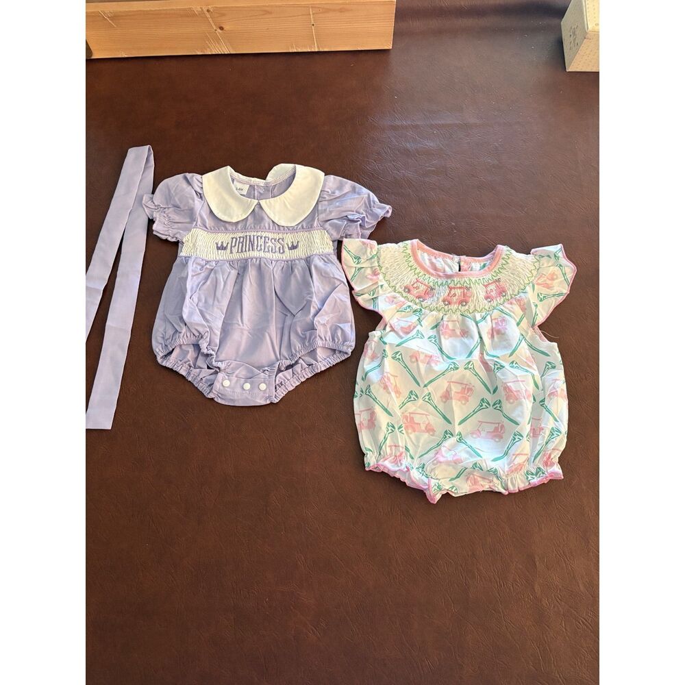 2 Vintage 3-6 Month Baby Girl Outfits One with Bow